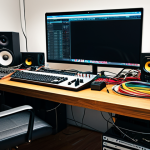 음향 기술 시험에서 자주 나오는 문제 - The Cable Jungle**

"A cluttered home recording studio desk, various audio cables tangled together, ...