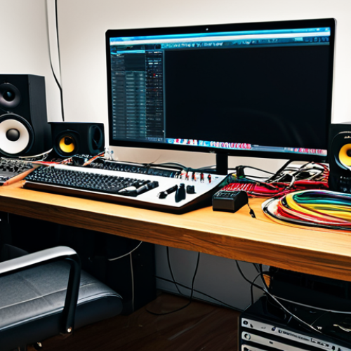 Home 3 음향 기술 시험에서 자주 나오는 문제 - The Cable Jungle**
"A cluttered home recording studio desk, various audio cables tangled together, ...