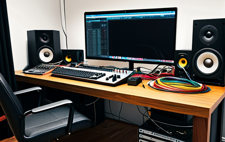 음향 기술 시험에서 자주 나오는 문제 - The Cable Jungle**
"A cluttered home recording studio desk, various audio cables tangled together, ...