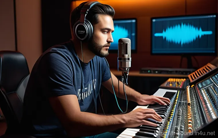 음향 엔지니어 프리랜서로 일하기 - **Prompt:** A focused, determined sound engineer, in their early 30s, working intensely in a modern,...