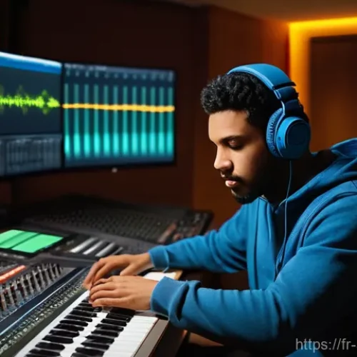 음향 기술 이론과 실무 조화 - **Prompt:** A young, focused sound engineer, wearing casual but stylish clothes like a hoodie and je...