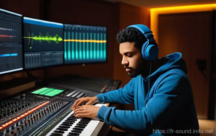 음향 기술 이론과 실무 조화 - **Prompt:** A young, focused sound engineer, wearing casual but stylish clothes like a hoodie and je...