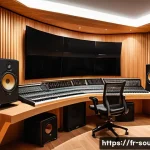 Home 21 음향시스템 설계 과정 이해하기 - A modern recording studio interior showcasing advanced acoustic treatment: wooden panels with sound ...