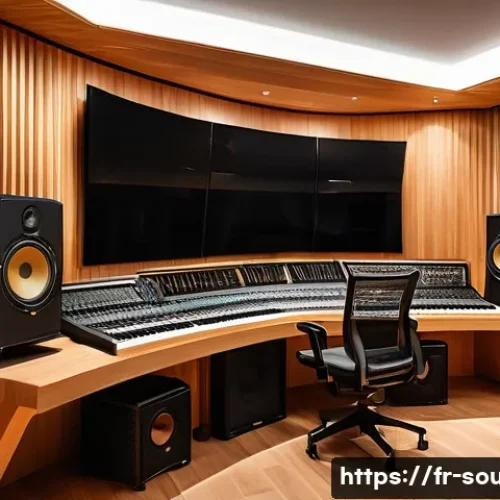 Home 33 음향시스템 설계 과정 이해하기 - A modern recording studio interior showcasing advanced acoustic treatment: wooden panels with sound ...