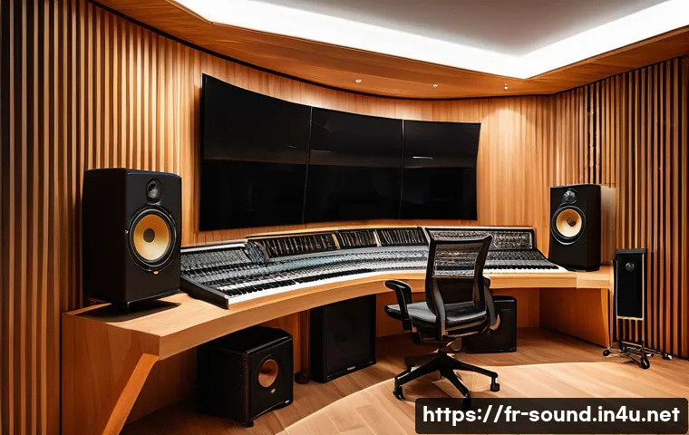 음향시스템 설계 과정 이해하기 - A modern recording studio interior showcasing advanced acoustic treatment: wooden panels with sound ...