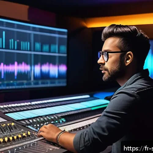 Home 32 음향 분야의 글로벌 자격증 - A professional audio engineer in a modern mixing studio, wearing casual yet neat clothing, focused i...