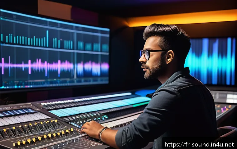 음향 분야의 글로벌 자격증 - A professional audio engineer in a modern mixing studio, wearing casual yet neat clothing, focused i...
