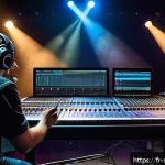 Home 19 현장 음향 엔지니어링 팁 - A professional live concert stage scene featuring a diverse band of musicians performing with modern...