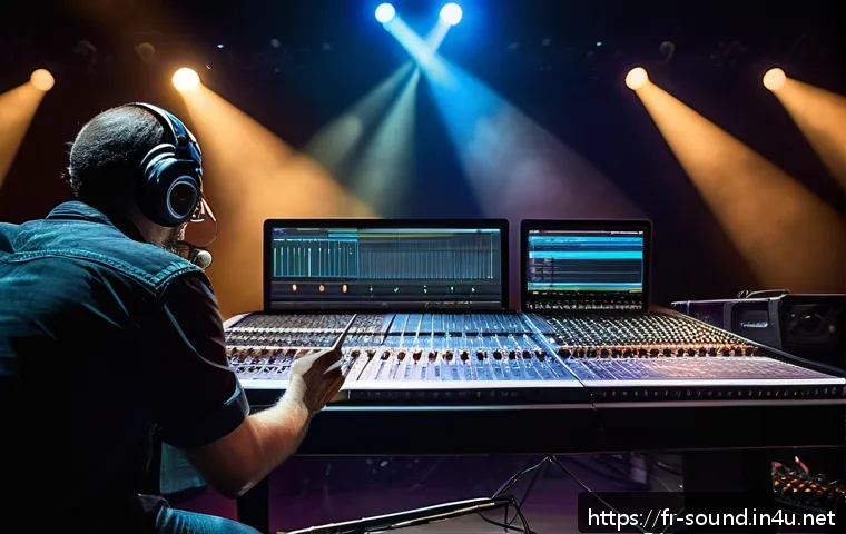현장 음향 엔지니어링 팁 - A professional live concert stage scene featuring a diverse band of musicians performing with modern...