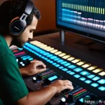 Home 18 음향 믹싱 시 발생하는 오류와 해결법 - A detailed studio mixing console scene showing an audio engineer adjusting equalizer settings with p...