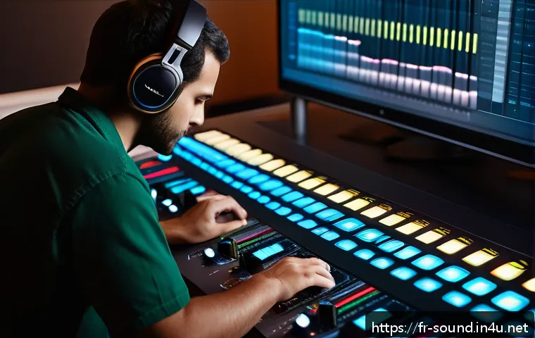 음향 믹싱 시 발생하는 오류와 해결법 - A detailed studio mixing console scene showing an audio engineer adjusting equalizer settings with p...