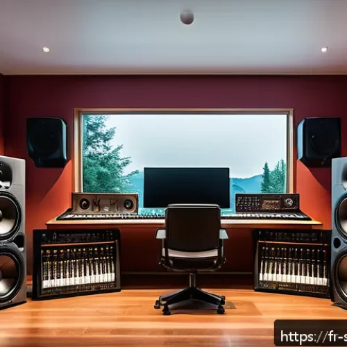 Home 17 스튜디오 음향 작업 과정 - A modern home music studio interior with a focused view on a mixing console displaying dynamic equal...