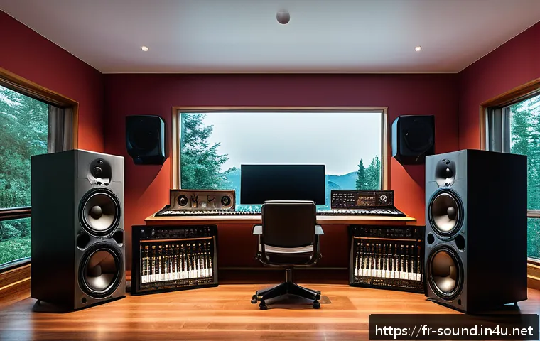 스튜디오 음향 작업 과정 - A modern home music studio interior with a focused view on a mixing console displaying dynamic equal...